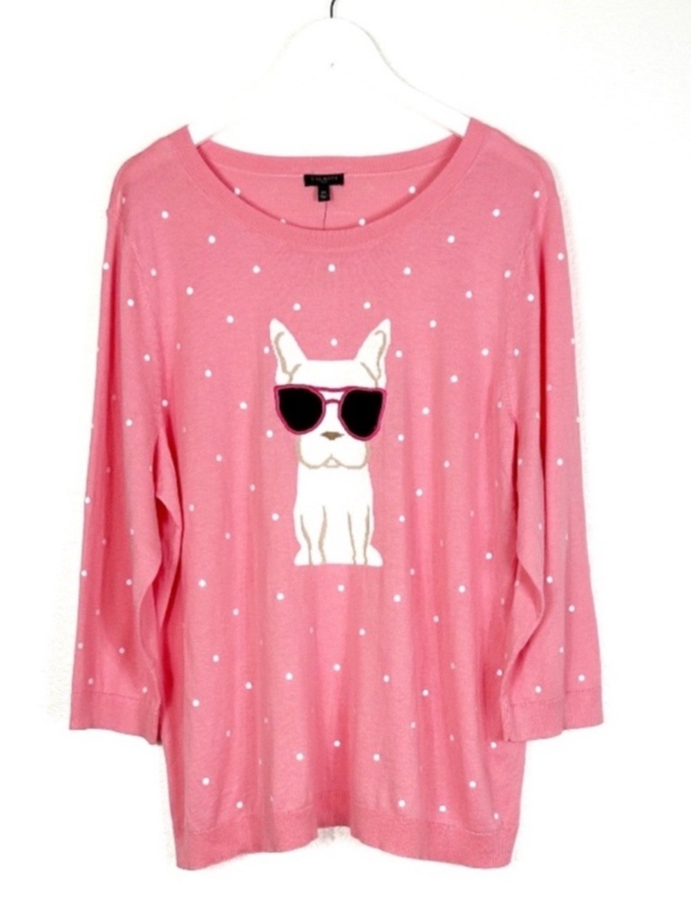 NEW Talbots pink Frenchie dog cotton knit polka dot sweater Talbots Plus size 2X